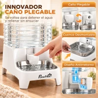 PawHut Dispensador de Agua Automático por Gravedad para Perros y Gatos 8 L Boquilla Abatible Cuenco de Acero Inoxidable Blanco(m-5)