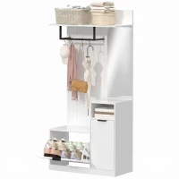 HOMCOM Cuier 6-în-1 Mobilier de intrare cu banc pentru încălțăminte, oglindă, sertar basculant, etajere reglabile, 4 cârlige, alb(m-10)