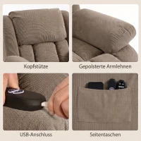HOMCOM Fernsehsessel mit Massage- und Wärmefunktion, Elektrischer Aufsteh-Sessel, Fernbedienung, Seitentaschen, Hellbraun(m-7)
