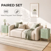 HOMCOM Modern Bedside Tables Set of 2, Side Tables with Drawer and Metal Legs for Living Room, Bedroom, Light Green(m-4)