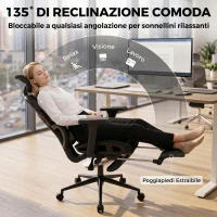 HOMCOM Sedia Ufficio Ergonomica Reclinabile Con Poggiapiedi E Supporto Lombare Nero(m-6)