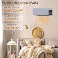 HOMCOM Calefactor Eléctrico de Pared 1000W/2000W Estufa con Pantalla LED y Mando a Distancia 54,5x12x21,5 cm Gris(m-4)