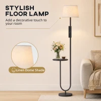 HOMCOM Modern Floor Lamp with Shelf, Dimmable Floor Lamp with Linen Shade, RF Remote and Foot Switch for Living Room, Black(m-6)