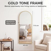 HOMCOM 40 x 110 cm Full Length Hanging Mirror, Arched Mirror with Adjustable Hooks, Over-the-Door or Wall-Mounted, Gold Tone(m-7)
