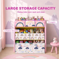 AIYAPLAY Toy Storage Organiser, 3-Tier Wooden Kids Toy Storage Rack with 6 Fabric Storage Bins for Bedroom, Kids Room, Pink(m-4)