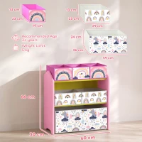 AIYAPLAY Toy Storage Organiser, 3-Tier Wooden Kids Toy Storage Rack with 6 Fabric Storage Bins for Bedroom, Kids Room, Pink(m-3)