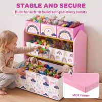 AIYAPLAY Toy Storage Organiser, 3-Tier Wooden Kids Toy Storage Rack with 6 Fabric Storage Bins for Bedroom, Kids Room, Pink(m-7)