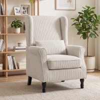 HOMCOM Sessel Ohrensessel mit Armlehnen, Cord-Optik Loungesessel mit Lendenkissen, Hoher Rückenlehne Beige(m-2)