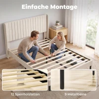 HOMCOM Bettgestell 140 x 200 cm mit verstellbarem Kopfteil, Polsterbett mit 12 Latten, Beige(m-6)