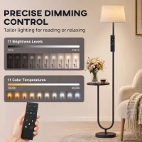 HOMCOM Modern Floor Lamp with Shelf, Dimmable Floor Lamp with Linen Shade, RF Remote and Foot Switch for Living Room, Black(m-4)