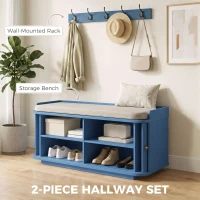 HOMCOM Hallway Storage Unit, Hallway Furniture Set with Shoe Storage Cabinet and 5 Hooks Coat Rack, Blue(m-4)