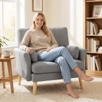HOMCOM Fauteuil rembourré avec ressorts ensachés, fauteuil à accoudoirs avec pieds en bois massif, Gris foncé(m-4)