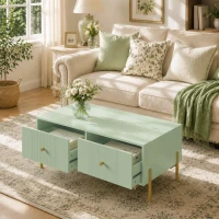 HOMCOM Modern Coffee Table, Living Room Table with Storage, 2 Drawers and Metal legs for Bedroom, Light Green(m-9)