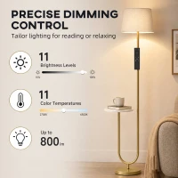 HOMCOM Modern Floor Lamp with Shelf, Dimmable Floor Lamp with Linen Shade, RF Remote and Foot Switch for Living Room, Gold Tone(m-4)