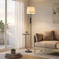 HOMCOM Modern Floor Lamp with Shelf, Dimmable Floor Lamp with Linen Shade, RF Remote and Foot Switch for Living Room, Black(m-8)