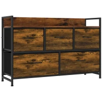 HOMCOM Cómoda de Quarto com 5 Gavetas, Cómoda em Tecido com Tampo de Madeira, Castanho e Preto(m-1)
