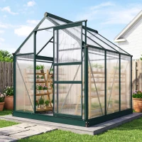 Outsunny Invernadero de Jardín 2x2 m Policarbonato y Aluminio Vivero Casero con Tragaluz Protección UV30 y Base 3,65 m² para Macetas Cultivo Plantas Flores Transparente(m-2)