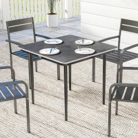 Outsunny Garden Dining Table for 4, 85 cm Square Outdoor Table with Umbrella Hole, Faux Wood Top, Metal Legs, Dark Grey(m-10)