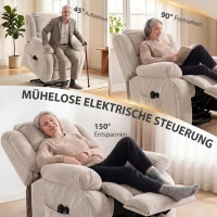 HOMCOM Fernsehsessel mit Massage- und Wärmefunktion, Elektrischer Aufsteh-Sessel, Fernbedienung, Seitentaschen, Beige(m-5)