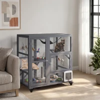 PawHut Gaiola Interior para Gatos em Madeira com Rodas, Portas, Plataformas de Salto, Rede e Topo Basculante, 110x100x60 cm, Cinzento(m-2)