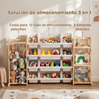 AIYAPLAY Estantería Infantil de Juguetes de Madera con 12 Cajas Organizador de Peluches 3 Estantes 146x39,5x88 cm Natural(m-4)
