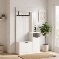 HOMCOM Cuier 6-în-1 Mobilier de intrare cu banc pentru încălțăminte, oglindă, sertar basculant, etajere reglabile, 4 cârlige, alb(m-2)