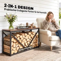 Outsunny 2-in-1 brandhoutrek voor binnen, 98 x 28 x 50 cm, verhoogd haardhoutrek met blad, scheidingswand en bijzettafel(m-4)