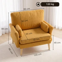 HOMCOM Samtgepolsterter Sessel, Übergroßer Akzentstuhl mit Holzbeinen, Lesesessel für Wohn- und Schlafzimmer, Gelb(m-3)