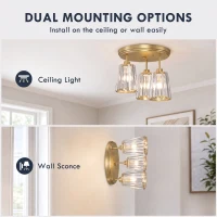 HOMCOM 3-Light Crystal Glass Ceiling Light, Triple Head with Dual Mounting, Modern Ceiling Lamp for Living Room, Gold Tone(m-6)