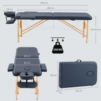 HOMCOM Portable Massage Bed, Folding Spa Beauty Massage Table with 2 Sections, Carry Bag and Wooden Frame, Dark Blue(m-3)