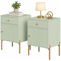 HOMCOM Modern Bedside Tables Set of 2, Side Tables with Drawer and Metal Legs for Living Room, Bedroom, Light Green(m-15)