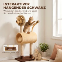 PawHut Krabpaal 104 cm, kattenboom in leeuwdesign met krabpalen, tunnel en hangende staart, voor katten tot 7 kg, lichtbruin(m-7)