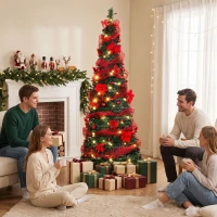 HOMCOM Árvore de Natal Artificial 180 cm com 150 Luzes LED 200 Ramos 11 Modos Bolas Fitas e Suporte Dobrável Verde e Vermelho(m-8)