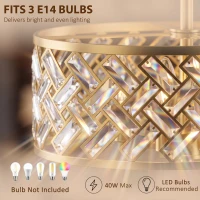 HOMCOM 3-Light Crystal Glass Ceiling Light, Modern Ceiling Lamp w/ 3 E14 Sockets for Living Room, Bulb Not Included, Gold Tone(m-5)