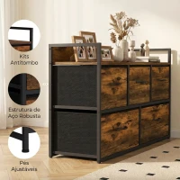 HOMCOM Cómoda de Quarto com 5 Gavetas, Cómoda em Tecido com Tampo de Madeira, Castanho e Preto(m-7)