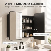HOMCOM 76.2 x 11.6 x 61 cm Bathroom Mirror Cabinet, Wall Cabinet with Adjustable Shelves, Wall-Mounted or Recessed, Black(m-4)