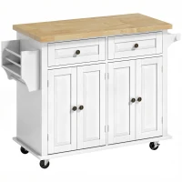 HOMCOM Îlot Central Cuisine avec Plateau en Hévéa, Desserte de Cuisine sur Roulettes avec 2 Tiroirs, 111 x 44,5 x 82,5cm, blanc(m-1)