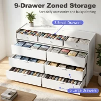 HOMCOM Chest of Drawers for Bedroom with LED Light & Charging Station, 9 Drawers Storage Unit/TV Stand, White(m-6)