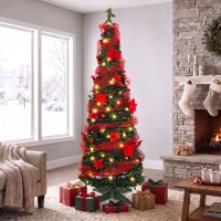 HOMCOM Árvore de Natal Artificial 180 cm com 150 Luzes LED 200 Ramos 11 Modos Bolas Fitas e Suporte Dobrável Verde e Vermelho(m-10)