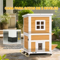 PawHut Caseta para Gatos de Madera Exterior de 2 Niveles con Techo Abatible Panel Central Extraíble 51x51x81,3 cm Natural(m-5)