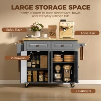 HOMCOM Kitchen Island on Wheels, Rolling Kitchen Trolley with Rubberwood Top, 2 Drawers, Adjustable Shelves, Grey(m-6)