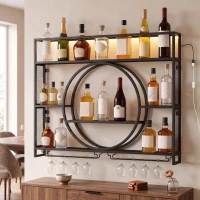 HOMCOM Portabottiglie Da Parete Con Luci LED, Portabicchieri e Ripiani, Nero(m-2)