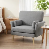 HOMCOM Fauteuil rembourré avec ressorts ensachés, fauteuil à accoudoirs avec pieds en bois massif, Gris foncé(m-5)