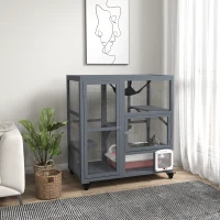 PawHut Gaiola Interior para Gatos em Madeira com Rodas, Portas, Plataformas de Salto, Rede e Topo Basculante, 110x100x60 cm, Cinzento(m-9)