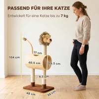 PawHut Krabpaal 104 cm, kattenboom in leeuwdesign met krabpalen, tunnel en hangende staart, voor katten tot 7 kg, lichtbruin(m-3)