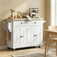 HOMCOM Îlot Central Cuisine avec Plateau en Hévéa, Desserte de Cuisine sur Roulettes avec 2 Tiroirs, 111 x 44,5 x 82,5cm, blanc(m-9)