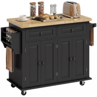 HOMCOM Îlot Central Cuisine avec Plateau en Hévéa, Desserte de Cuisine sur Roulettes avec 2 Tiroirs, 111 x 44,5 x 82,5 cm, Noir(m-16)