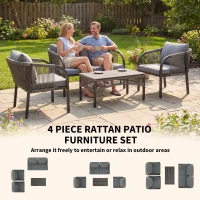 Outsunny 4 Piece Rattan Garden Furniture Set with Loveseat, Armchairs, Table, Steel Frame Wicker Patio Conversation Set, Grey(m-4)