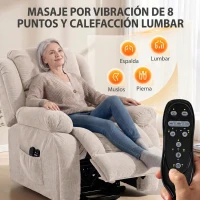 HOMCOM Sillón Relax Reclinable Eléctrico Levanta Personas Masaje Vibratorio y Calor Asiento Ancho Puerto USB Bolsillos Beige(m-4)