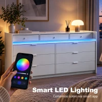 HOMCOM Chest of Drawers for Bedroom with LED Light & Charging Station, 9 Drawers Storage Unit/TV Stand, White(m-4)